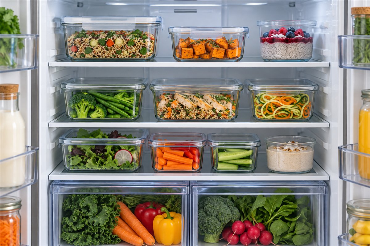 Free-from meals organised safely in a refrigerator